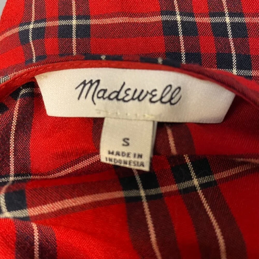 MADEWELL Red and Black Plaid Ruffle Hem Puff Sleeve Button‎ Down Blouse Size S